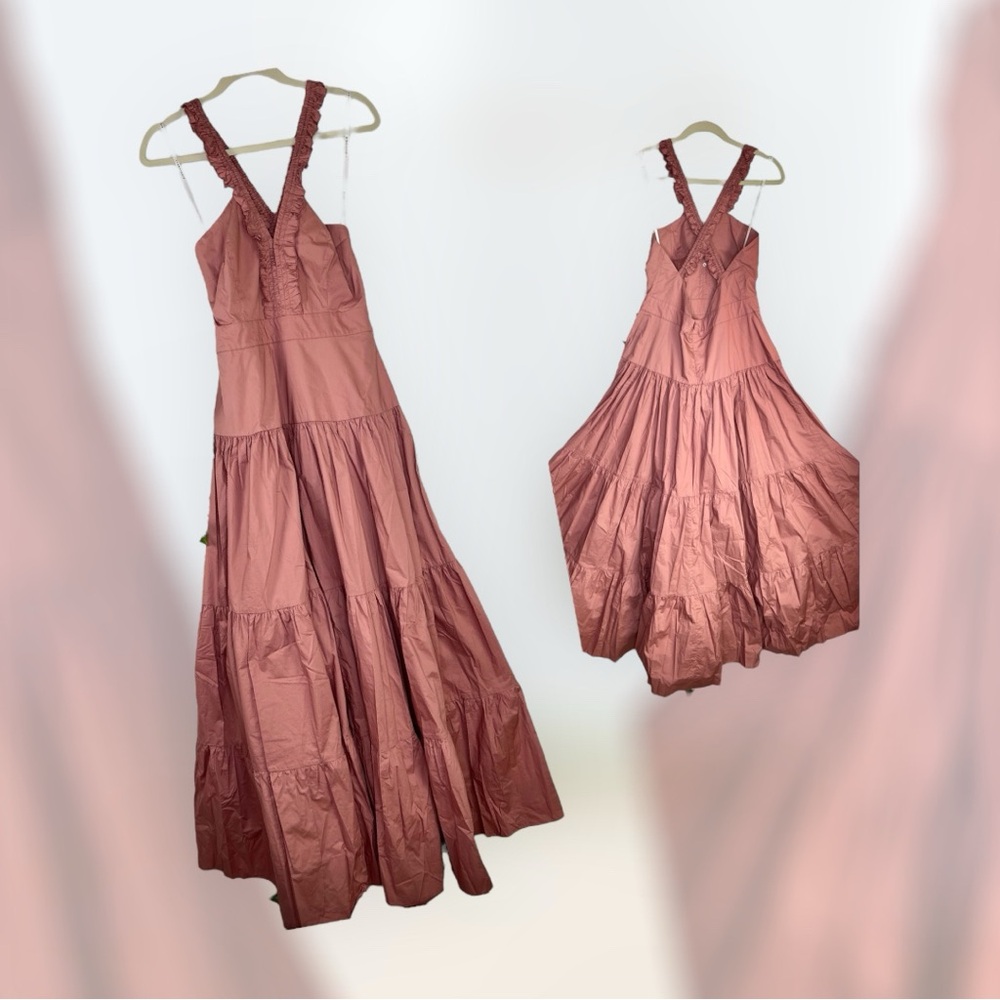 NWT Bird & Knoll ‘Stevie’ Tiered Ruffle Open-Back Strap Maxi Dress in Rose Sz XL